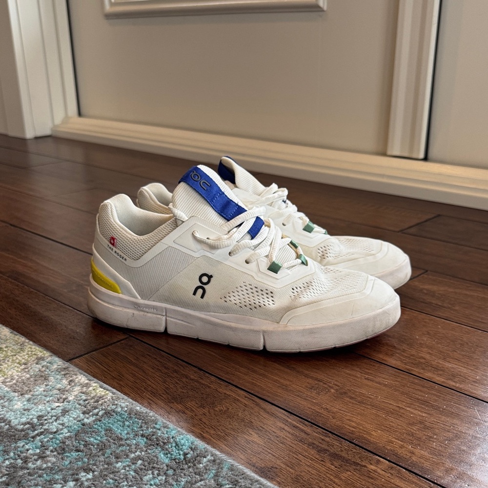 On ROGER Womens White Sneakers with Blue and Yellow Accents